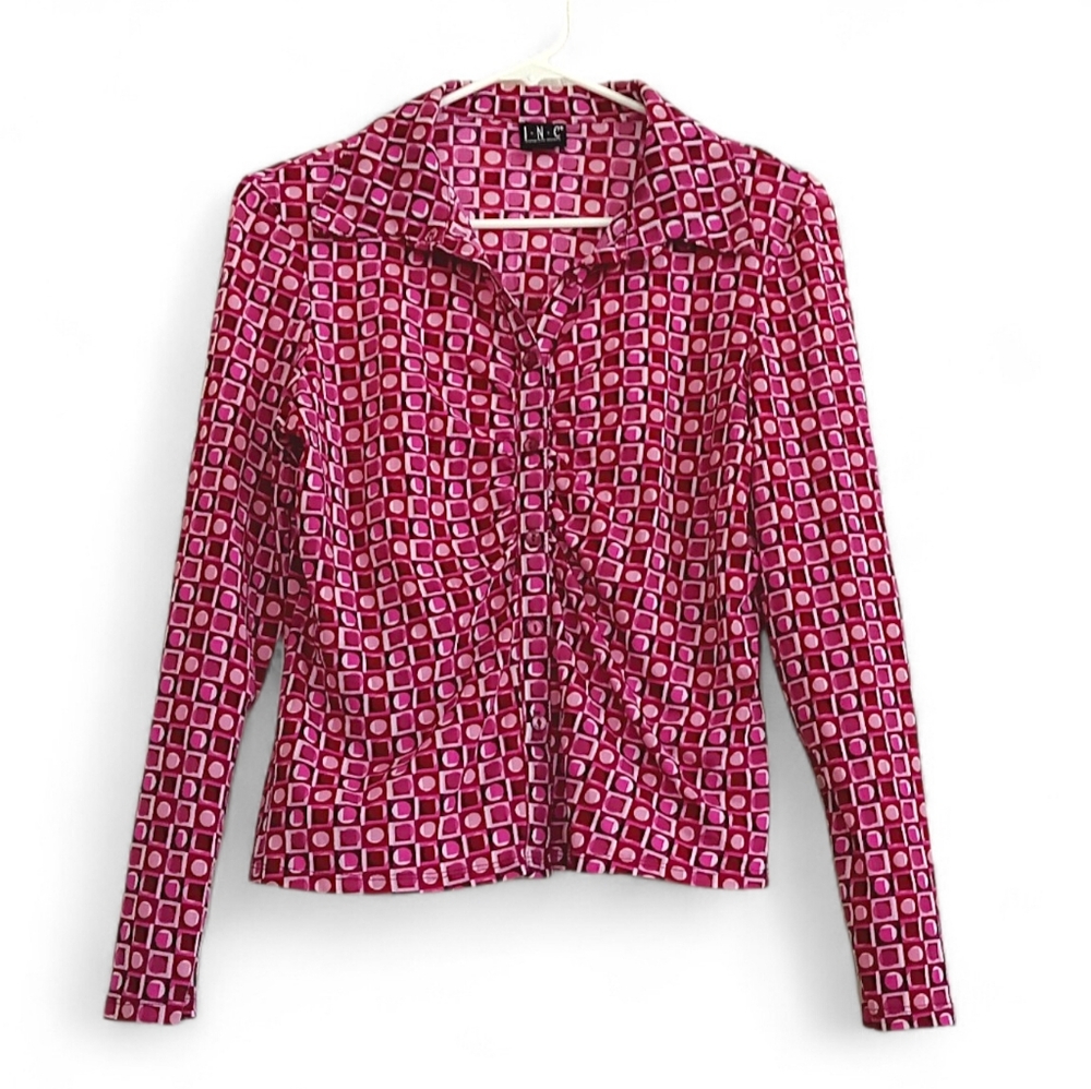 INC Pink Retro Button Down Blouse Ruched Abstract Top Work Barbie Neon Cute XS